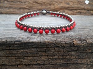 Round Red Jade Woven Silver  Anklet