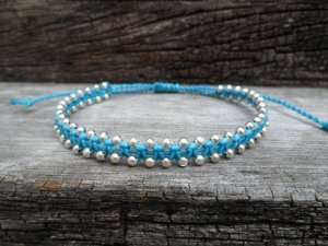 Blue Cord  Silver Bead Bracelet