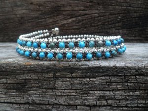 3 Wrap Blue Agate Silver  Bracelet / Necklace