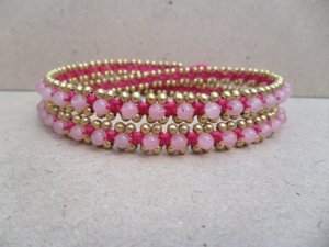 3 Wrap Light Pink Bead Brass  Bracelet / Necklace