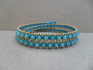 3 Wrap Light Blue Stone  Brass  Bracelet / Necklace