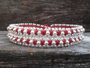 3 Wrap Red  Silver  Bracelet / Necklace