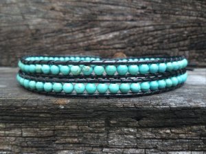 Turquoise Bean Leather Wrap  Anklet