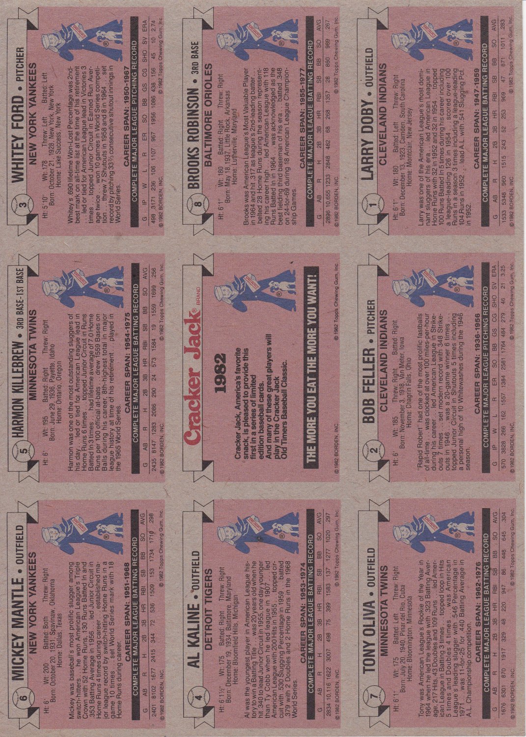1982 Cracker Jack All Time Baseball Greats 16 Cards uncut sheets