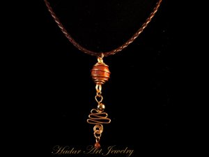 Handmade Wire Wrap Bead Pendant Leather Necklace #12003 Gold Color- Free Shipping!
