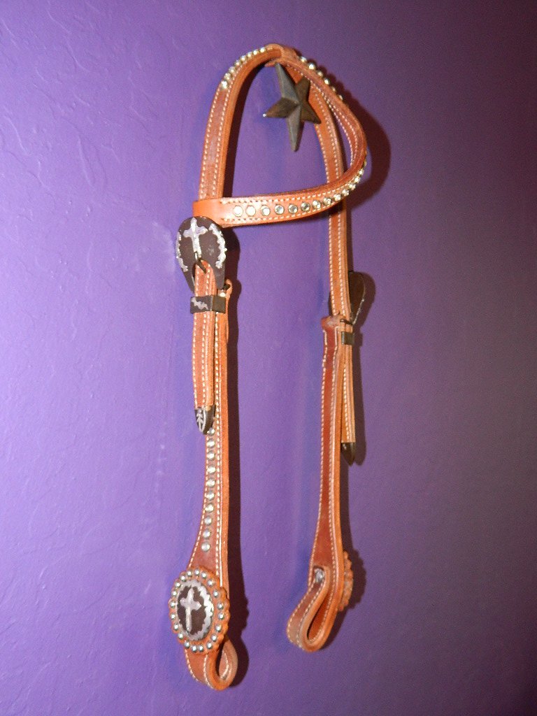 Cross & Crystal One Ear Leather Medium Oil Headstall Horse Tack