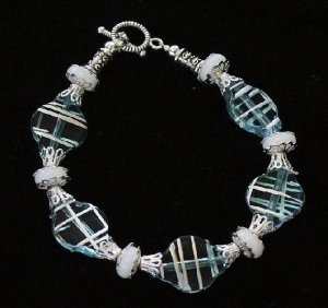 Silver Stripe Blue Czech Glass Bracelet