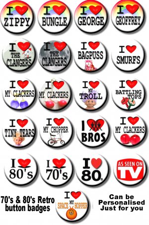 I LOVE BUNGLE/ RAINBOW/ 70'S/80'S RETRO XL BUTTON BADGE