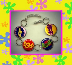 ACTION WORDS BAM KAPOW SPLATT Altered Art Button Charm Bracelet with Rhinestone
