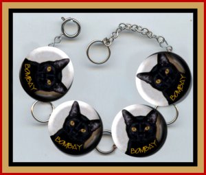 BOMBAY EXOTIC Pet Cat Altered Art Button Charm Bracelet with Rhinestone