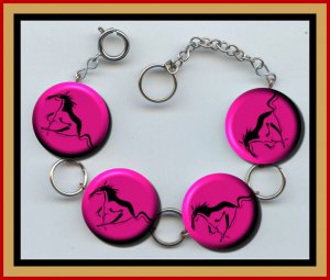 MUSTANG HORSE Pink and Black Altered Art Button Charm Bracelet with Rhinestone
