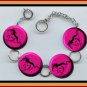 MUSTANG HORSE Pink and Black Altered Art Button Charm Bracelet with Rhinestone