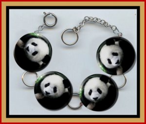 PANDA BEAR Altered Art Button Charm Bracelet with Rhinestone