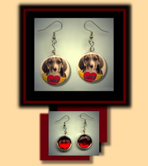 BEAGLE LOVE Pet Dog Altered Art Dangle Badge Earrings with Rhinestone