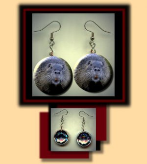 BEAVER Animal cute face Altered Art Dangle Badge Earrings with Rhinestone