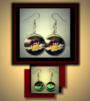 Honey Bumble BEE on White Daisy Flower Altered Art Dangle Badge Earrings with Rhinestone