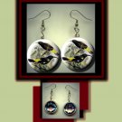 BLACK MAMO Extinct Bird Fowl Altered Art Dangle Badge Earrings with Rhinestone
