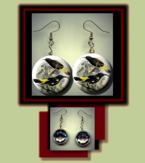 BLACK MAMO Extinct Bird Fowl Altered Art Dangle Badge Earrings with Rhinestone