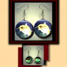 CATFISH Stylized Fish Blue and Yellow Altered Art Dangle Badge Earrings with Rhinestone