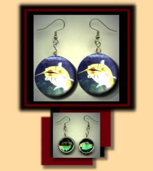 CATFISH Stylized Fish Blue and Yellow Altered Art Dangle Badge Earrings with Rhinestone
