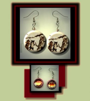 CATS WITH UMBRELLAS Vintage Postcard Altered Art Dangle Badge Earrings with Rhinestone
