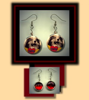 COLLIE LOVE Pet Dog Altered Art Dangle Badge Earrings with Rhinestone