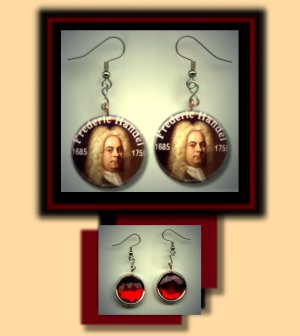 HANDEL Classical Music Composer Altered Art Dangle Badge Earrings with Rhinestone