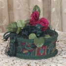 Victorian Keepsake / Trinket Hat Box - Small Round Green Waverly Fabric - Vintage Style