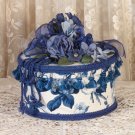 Blue Victorian Keepsake / Hat Box in Waverly "Rosewood" Print - Round Vintage Style