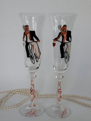 Hand painted Wedding Toasting Flutes Set of 2 Personalized Champagne glasses Married on bicycle