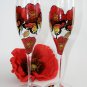 Set of 2 Personalized Champagne glasses Red poppies and butterflies