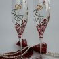 Set of 2 Personalized Champagne glasses Silver initials Red and white liitle roses