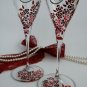 Set of 2 Personalized Champagne glasses Silver initials Red and white liitle roses