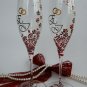 Set of 2 Personalized Champagne glasses Silver initials Red and white liitle roses