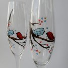 Set of 2 Personalized Champagne glasses Love Birds on the branch