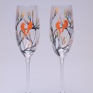 Set of 2 Personalized Champagne glasses Trees and golden orange birds