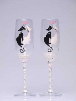 Hand painted Toasting Flutes Set of 2 Black and White Cats with Crystals