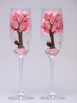 Set of 2 Personalized Champagne glasses Blooming trees and cats