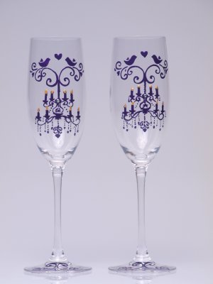 Set of 2 Personalized Champagne glasses Deep purple chandelier with crystal and birds  Listing Stats