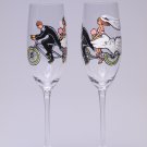 Set of 2 Personalized Champagne glasses Groom and Bride on Bicycle