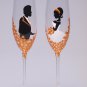 Set of 2 Personalized Champagne glasses Groom and Bride golden yellow flowers