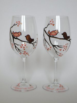 Love Birds on the branch Wedding Glassware Hand painted wine glasses Set of 2 peaces