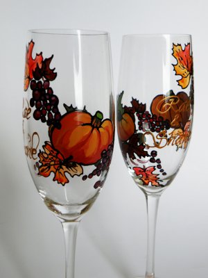 Personalized Champagne glasses Orange Pumpkins , Purple Grapes, Autumn Leaves