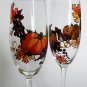 Personalized Champagne glasses Orange Pumpkins , Purple Grapes, Autumn Leaves
