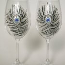Silver Peacock Feathers with crystals Wedding Toasting Wine glasses Set of 2