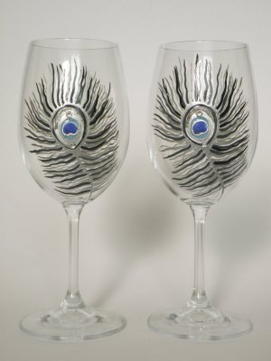 Silver Peacock Feathers with crystals Wedding Toasting Wine glasses Set of 2