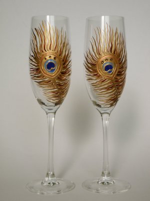 Gold Peacock Feathers with crystals Wedding Toasting Champagne glasses Set of 2  Listing Stats