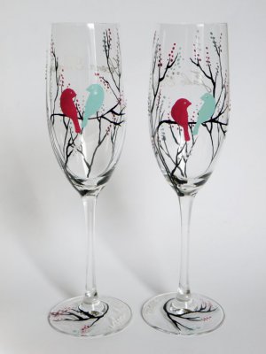 Personalized flutes Black treesand Bright purple bird and Aqua blue bird