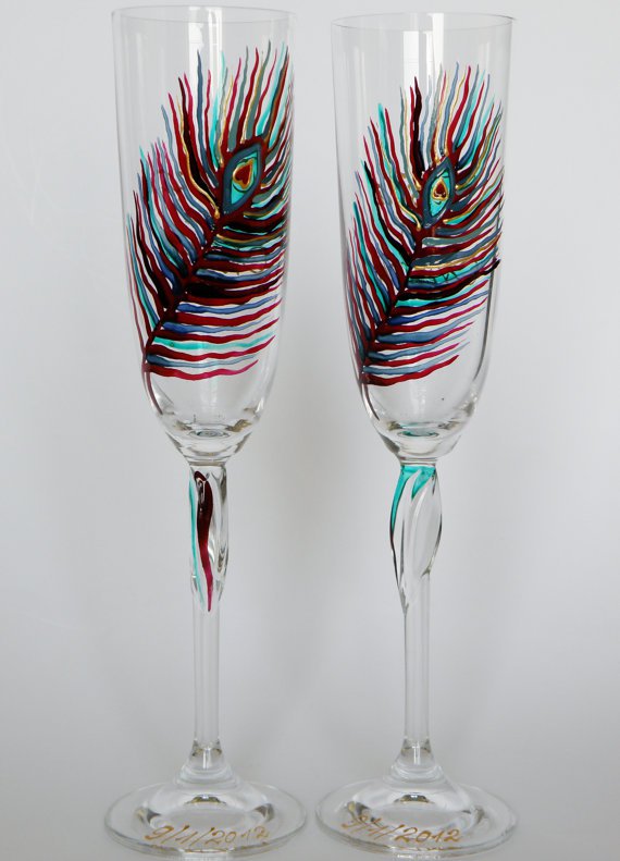 Personalized Champagne glasses Peacock Feather Dark purple and Teal