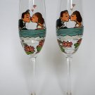 Champagne glasses Groom and Bride on Boat pink waterlilies around them